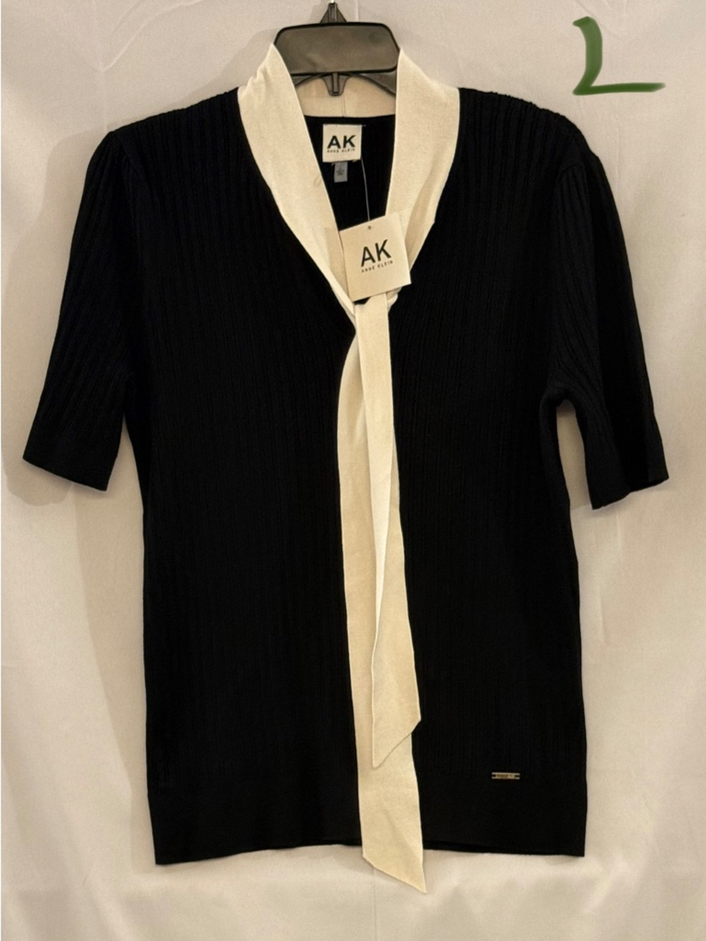 Anne Klein Black Top with Cream Tie Neck